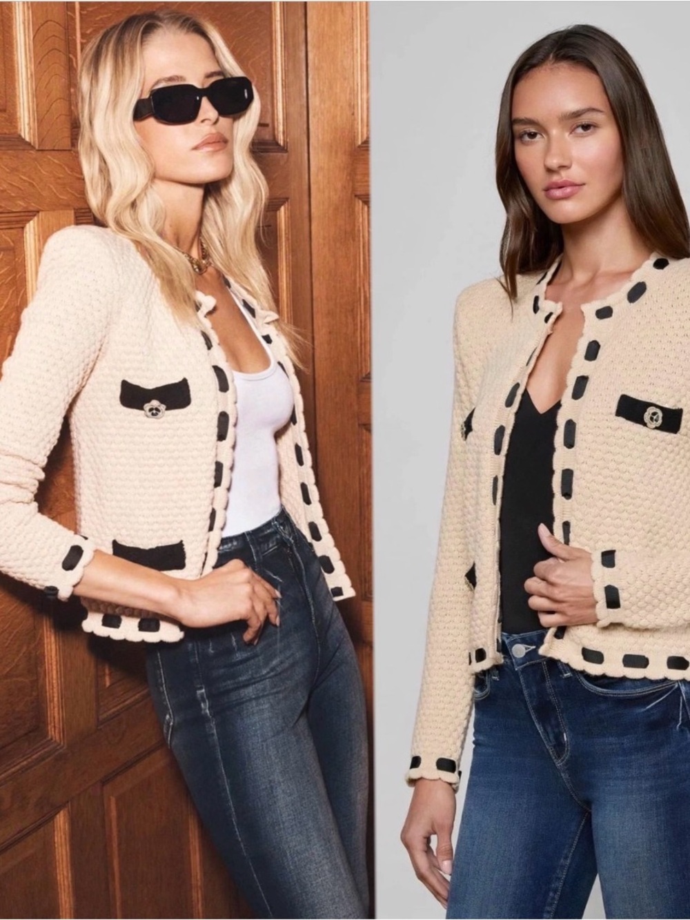 L'AGENCE Astor Beige Knit Cardigan with Black Trim Sz Medium.